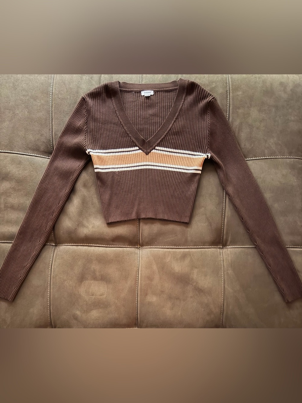 Garage Women's Brown Ribbed V-Neck Sweater with Cream and Tan Stripes